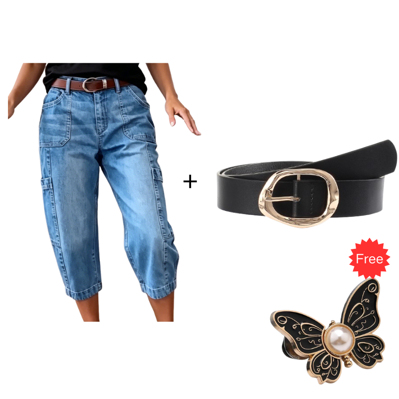 👖 LIMITED-TIME 55% OFF! ✨ Pantalon en jean court et extensible pour femme, style décontracté – coupe « barrel », taille mi-haute, plusieurs poches 🌿