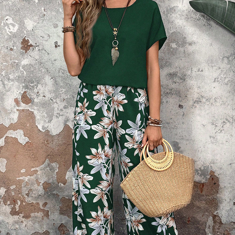 🏆SOLDES 50 % DE RÉDUCTION 🔥 Ensemble pour femme composé d'un pantalon large à imprimé floral et d'un haut à manches courtes