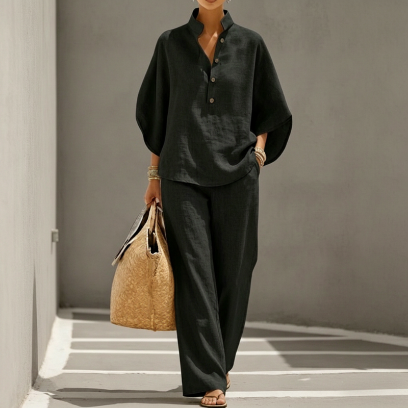 📢⏰👕 PROMO -50% ! Ensemble Femme – Haut Col Montant & Pantalon Large, Tissu Fluide, Style Décontracté Élégant (Multi-Couleurs)