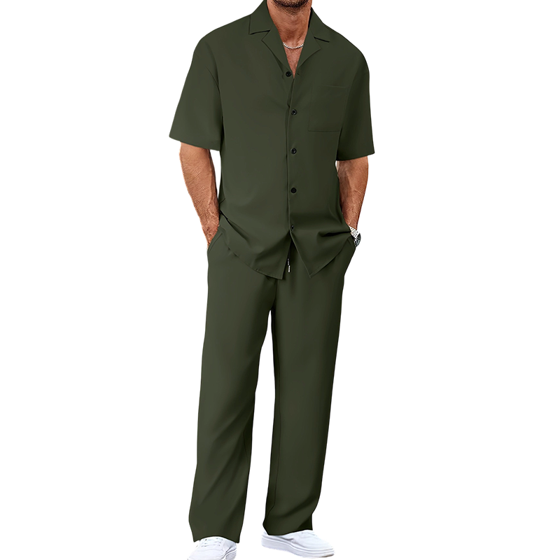 👔 PROMO LIMITÉE 50% DE RÉDUCTION ! ✨ Ensemble Décontracté Homme – Chemise Col Cubain & Pantalon Ample ✨