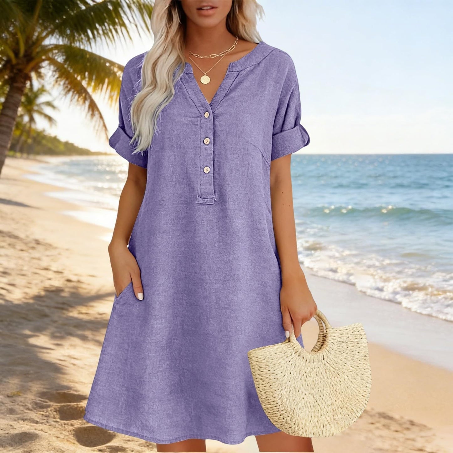 👗 Robe femme décontractée à col V et taille cintrée, poches, tissu doux et confortable ✨