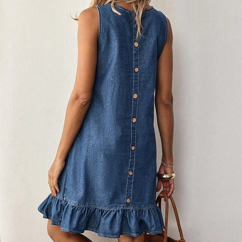 ⏳ Dernière heure – -50% se termine ! Robe sans manches en denim à ourlet à volants pour femme