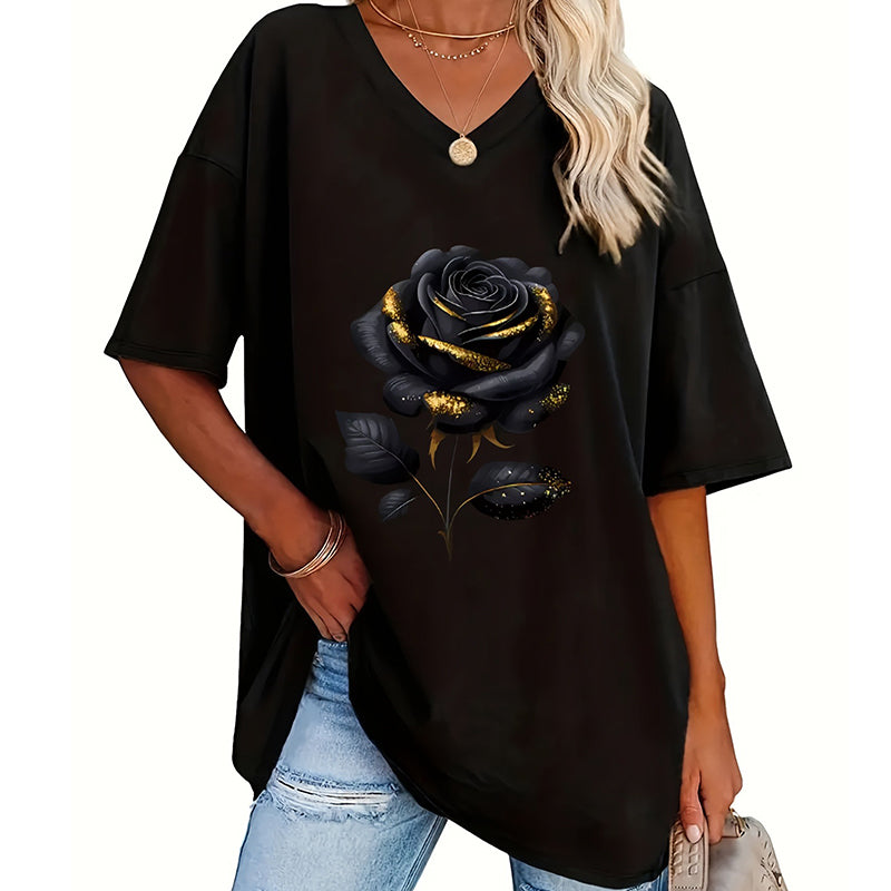 📊 Déjà plus de 100.000 vendus ! T-shirt à col en V imprimé roses pour femmes grandes taillesC