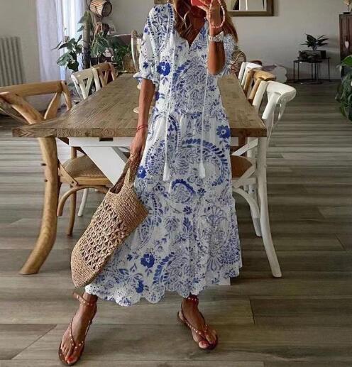 Robe longue à col en V pour femme