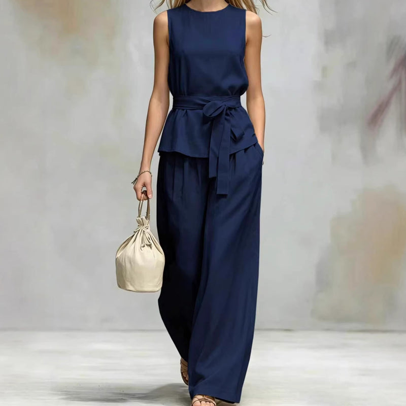 Ensemble pantalon sans manches à jambes larges avec ceinture