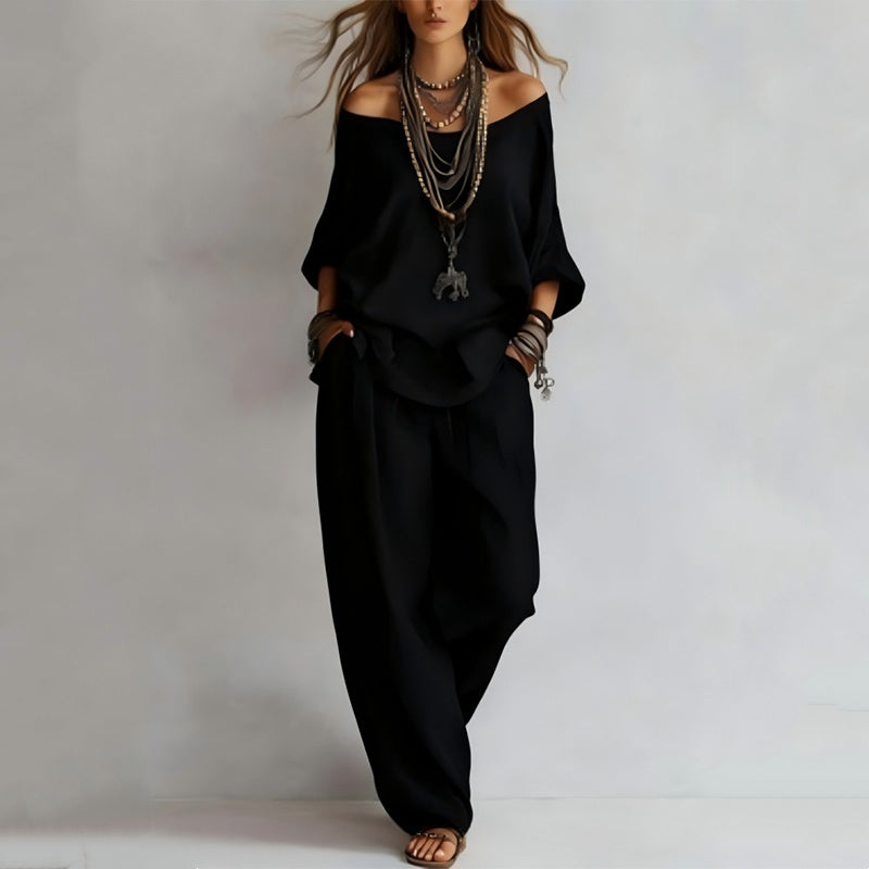 Ensemble 2 pièces pour femme : haut à épaules dénudées et pantalon à jambes larges