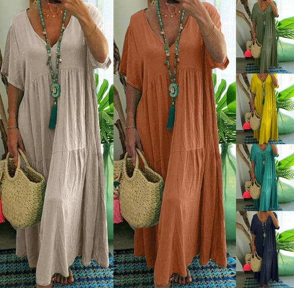 🌼✨ PROMO FLASH -50% ! Robe Longue Décontractée Femme – Décolleté V, Coton/Fibre Respirant, Coupe Ample Plissée, Style Bohème Plage Été · 4 Coloris · M à 4XL · -8% dès 2 articles 🌸