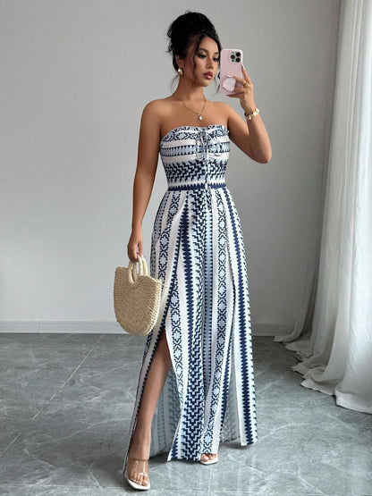 👗💙 Combinaison à motifs géométriques, encolure dos nu et fente sur le côté – 50 % de réduction ! Idéale pour la plage, le bureau et les soirées. 🔥✨