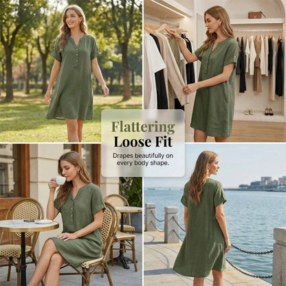 👗 Robe femme décontractée à col V et taille cintrée, poches, tissu doux et confortable ✨