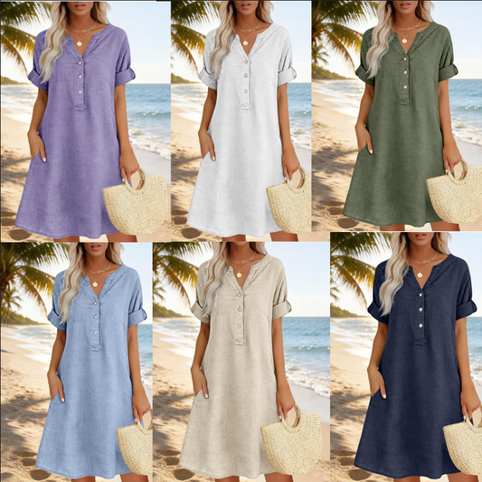 👗 Robe femme décontractée à col V et taille cintrée, poches, tissu doux et confortable ✨