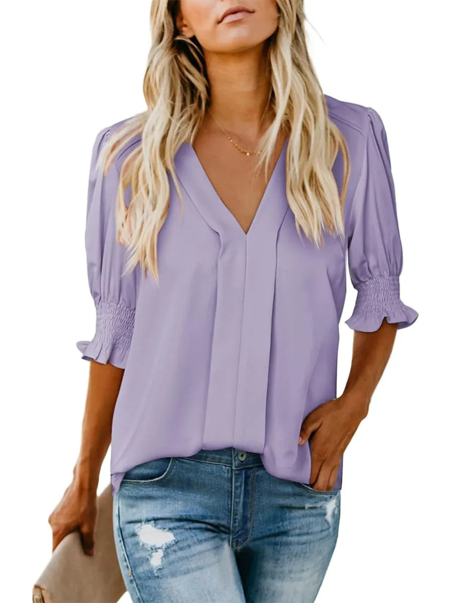 Blouse élégante à col en V avec manches bouffantes pour femme