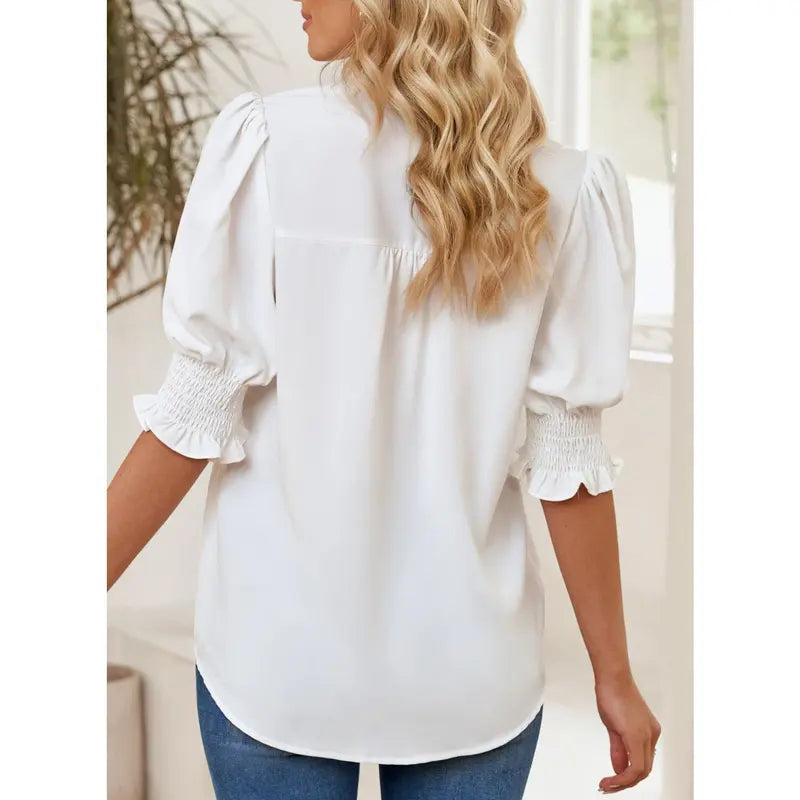 Blouse élégante à col en V avec manches bouffantes pour femme