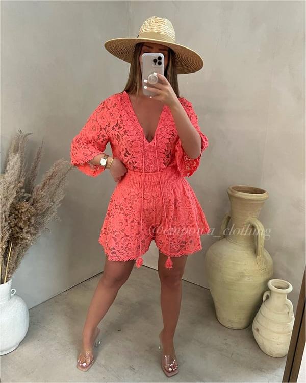 🌸 Collection Printemps💕Offre limitée : 50 % de réduction💕Ensemble décontracté à col en V et dentelle 2026 | Combinaison Décontractée en Dentelle 🎁