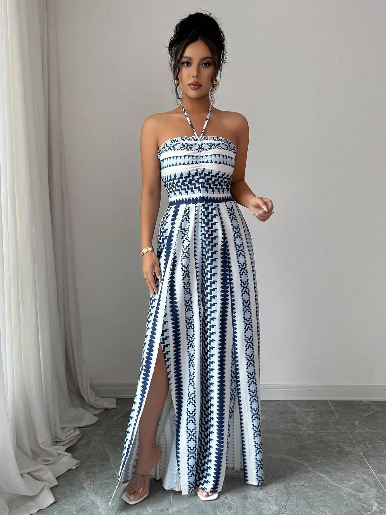 👗💙 Combinaison à motifs géométriques, encolure dos nu et fente sur le côté – 50 % de réduction ! Idéale pour la plage, le bureau et les soirées. 🔥✨
