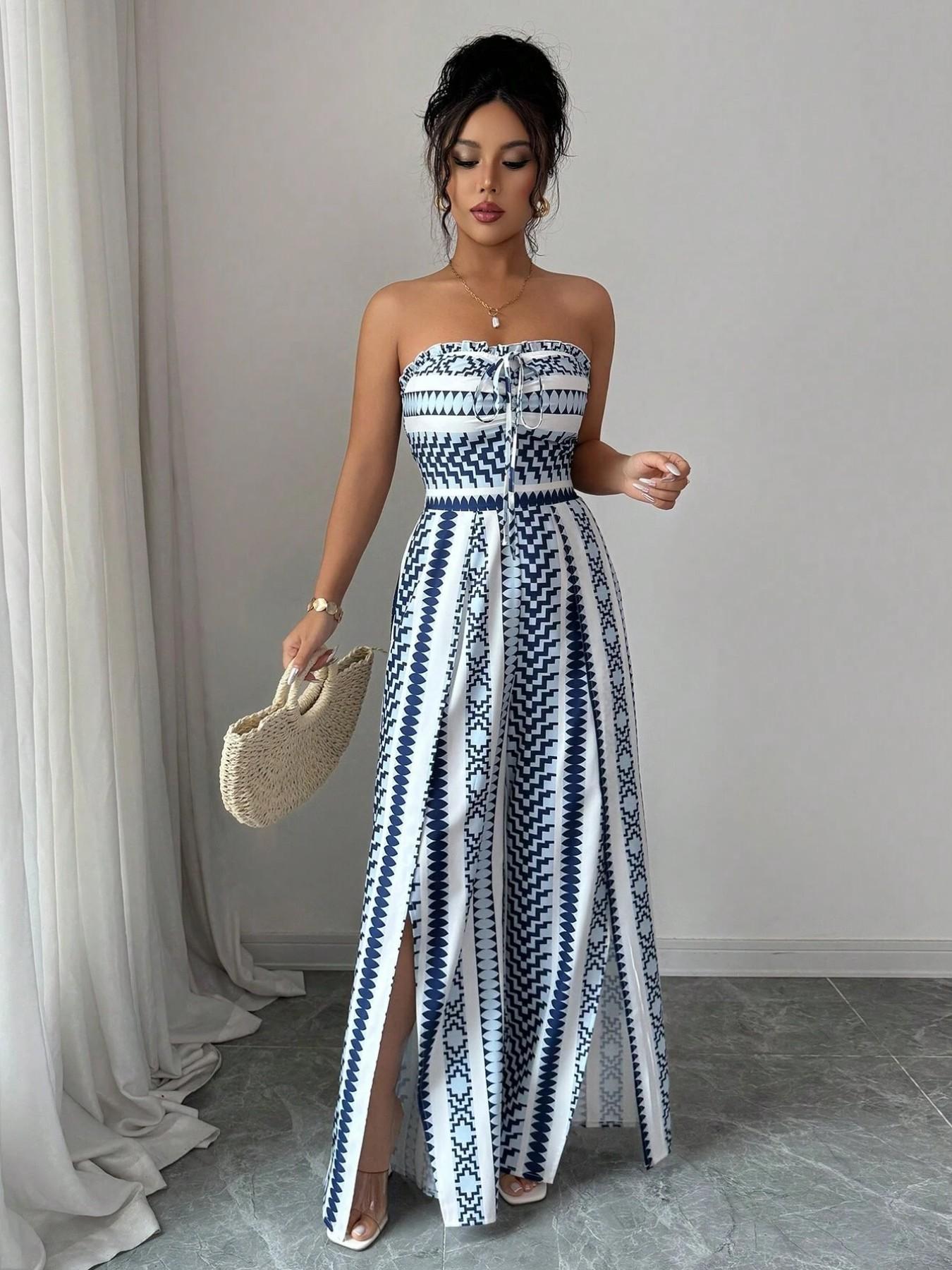 👗💙 Combinaison à motifs géométriques, encolure dos nu et fente sur le côté – 50 % de réduction ! Idéale pour la plage, le bureau et les soirées. 🔥✨