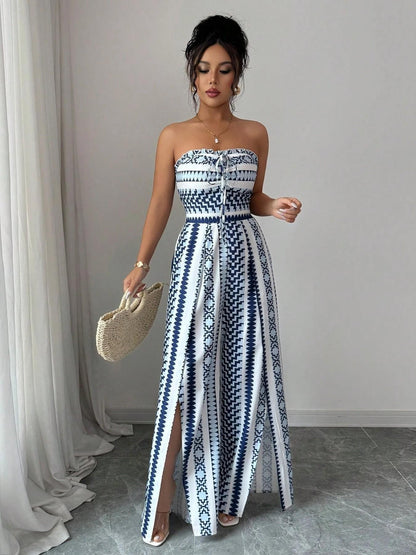 👗💙 Combinaison à motifs géométriques, encolure dos nu et fente sur le côté – 50 % de réduction ! Idéale pour la plage, le bureau et les soirées. 🔥✨