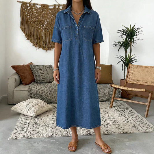 🔥 Dernier jour ! 50 % de réduction sur la robe-chemise midi en jean pour femme avec poches 👖 Une robe d'été décontractée, idéale pour le quotidien – confortable et flatteuse