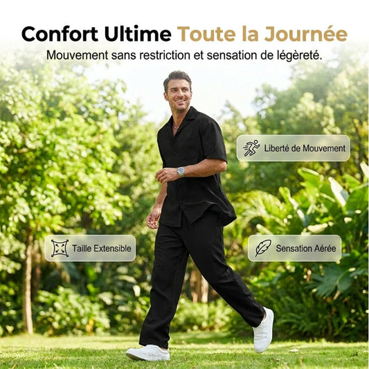 👔 PROMO LIMITÉE 50% DE RÉDUCTION ! ✨ Ensemble Décontracté Homme – Chemise Col Cubain & Pantalon Ample ✨
