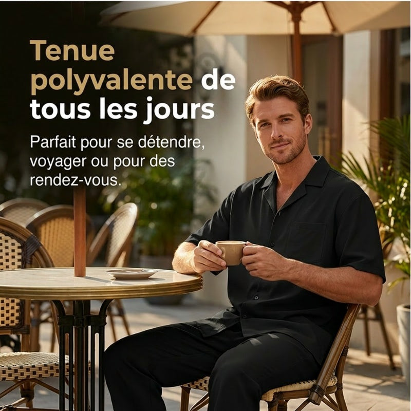 👔 PROMO LIMITÉE 50% DE RÉDUCTION ! ✨ Ensemble Décontracté Homme – Chemise Col Cubain & Pantalon Ample ✨