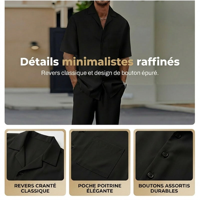 👔 PROMO LIMITÉE 50% DE RÉDUCTION ! ✨ Ensemble Décontracté Homme – Chemise Col Cubain & Pantalon Ample ✨