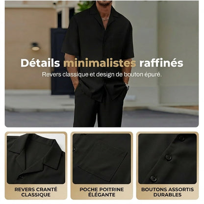 👔 PROMO LIMITÉE 50% DE RÉDUCTION ! ✨ Ensemble Décontracté Homme – Chemise Col Cubain & Pantalon Ample ✨