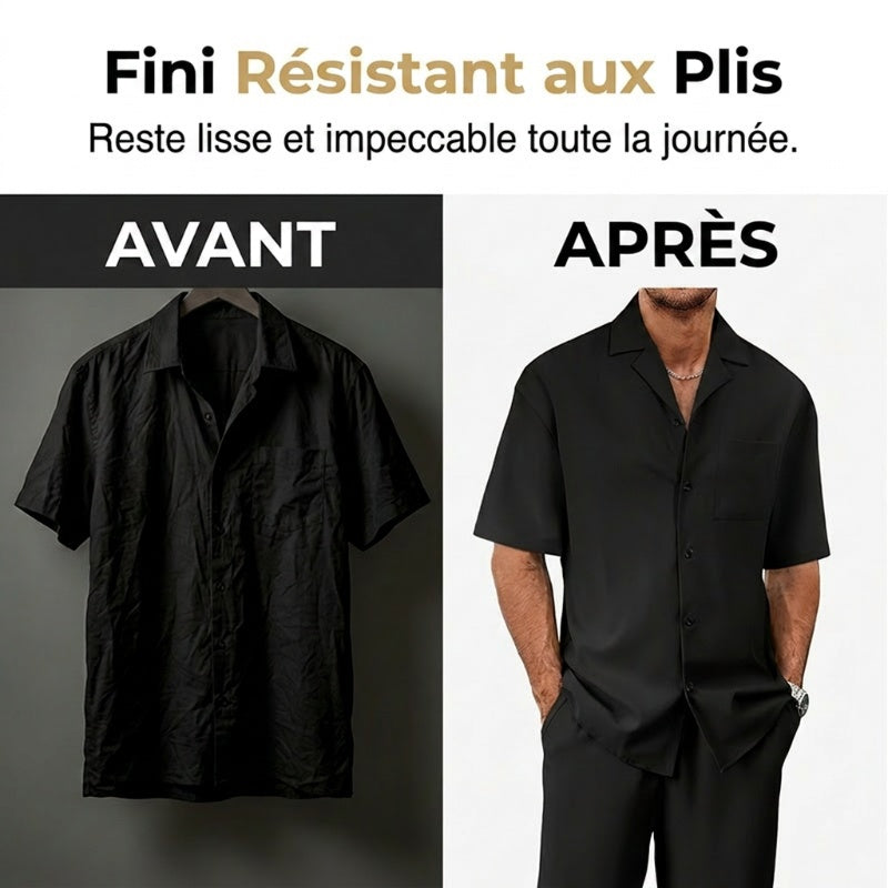 👔 PROMO LIMITÉE 50% DE RÉDUCTION ! ✨ Ensemble Décontracté Homme – Chemise Col Cubain & Pantalon Ample ✨