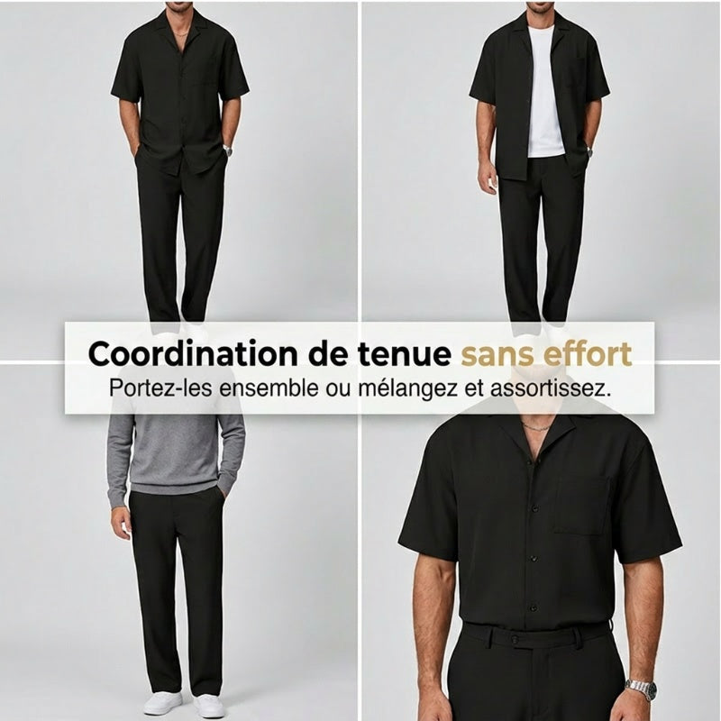 👔 PROMO LIMITÉE 50% DE RÉDUCTION ! ✨ Ensemble Décontracté Homme – Chemise Col Cubain & Pantalon Ample ✨