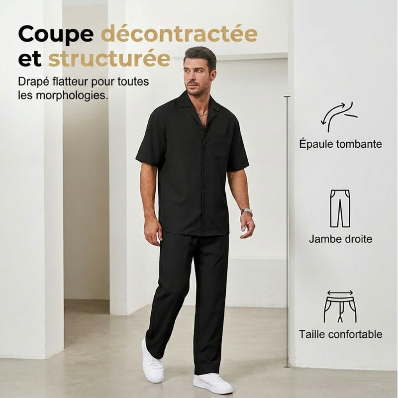 👔 PROMO LIMITÉE 50% DE RÉDUCTION ! ✨ Ensemble Décontracté Homme – Chemise Col Cubain & Pantalon Ample ✨