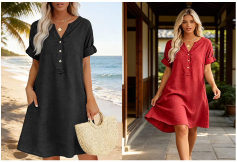 👗 Robe femme décontractée à col V et taille cintrée, poches, tissu doux et confortable ✨