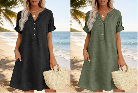 👗 Robe femme décontractée à col V et taille cintrée, poches, tissu doux et confortable ✨