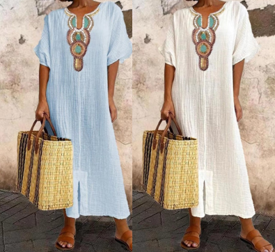 🔥-45%👗 Robe Longue Coton Froissé Femme – Col Décoratif Ethnique, Manches Courtes et Fente Latérale🤍 Robe ample texturée col brodé