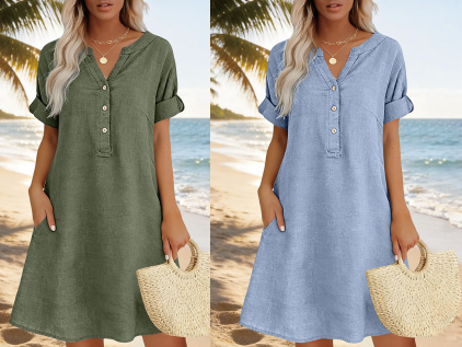 👗 Robe femme décontractée à col V et taille cintrée, poches, tissu doux et confortable ✨