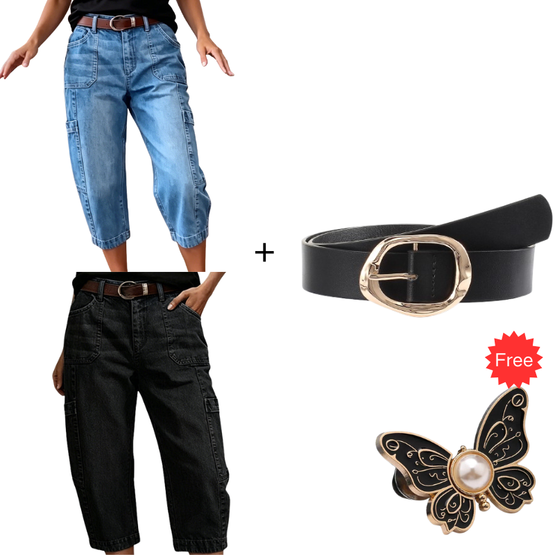👖 LIMITED-TIME 55% OFF! ✨ Pantalon en jean court et extensible pour femme, style décontracté – coupe « barrel », taille mi-haute, plusieurs poches 🌿