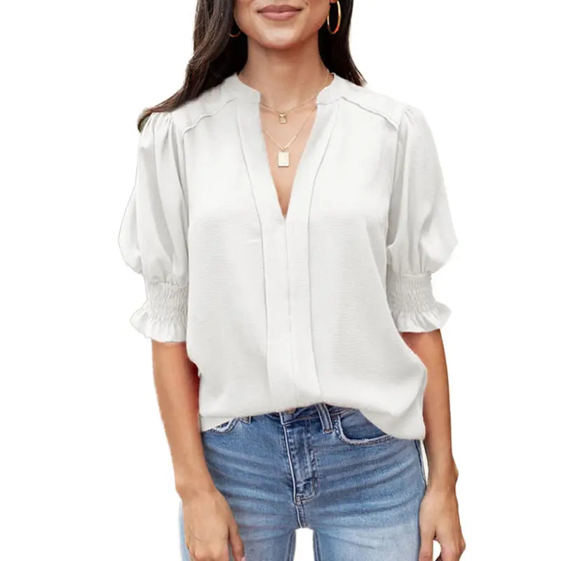 Blouse élégante à col en V avec manches bouffantes pour femme