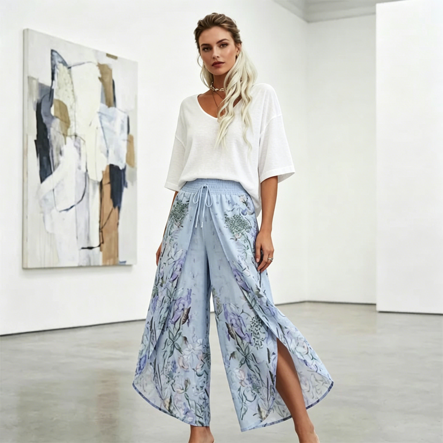 👖Pantalon taille haute à jambes larges, imprimé floral, pour femme💐
