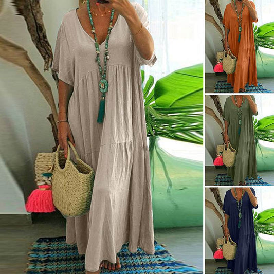 🌼✨ PROMO FLASH -50% ! Robe Longue Décontractée Femme – Décolleté V, Coton/Fibre Respirant, Coupe Ample Plissée, Style Bohème Plage Été · 4 Coloris · M à 4XL · -8% dès 2 articles 🌸