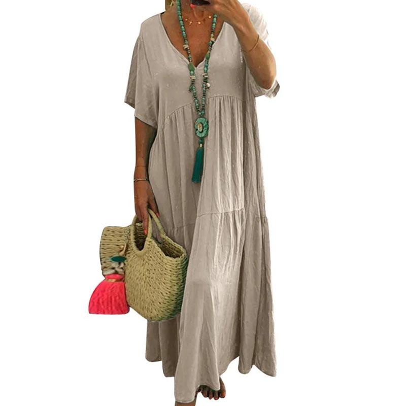 🌼✨ PROMO FLASH -50% ! Robe Longue Décontractée Femme – Décolleté V, Coton/Fibre Respirant, Coupe Ample Plissée, Style Bohème Plage Été · 4 Coloris · M à 4XL · -8% dès 2 articles 🌸