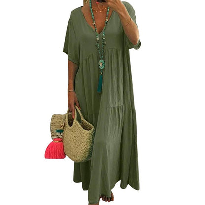 🌼✨ PROMO FLASH -50% ! Robe Longue Décontractée Femme – Décolleté V, Coton/Fibre Respirant, Coupe Ample Plissée, Style Bohème Plage Été · 4 Coloris · M à 4XL · -8% dès 2 articles 🌸