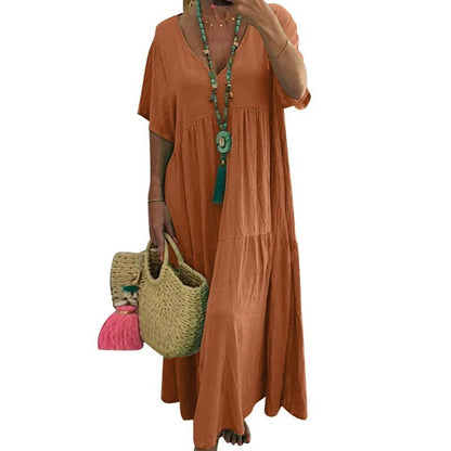 🌼✨ PROMO FLASH -50% ! Robe Longue Décontractée Femme – Décolleté V, Coton/Fibre Respirant, Coupe Ample Plissée, Style Bohème Plage Été · 4 Coloris · M à 4XL · -8% dès 2 articles 🌸