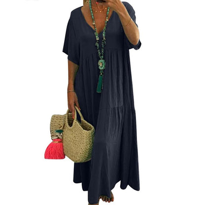 🌼✨ PROMO FLASH -50% ! Robe Longue Décontractée Femme – Décolleté V, Coton/Fibre Respirant, Coupe Ample Plissée, Style Bohème Plage Été · 4 Coloris · M à 4XL · -8% dès 2 articles 🌸