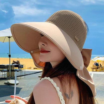 🌞2025 Été Nouveauté👒Chapeau de protection solaire creux à large bord avec châle amovible