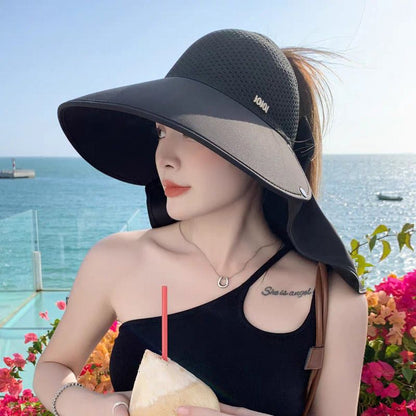🌞2025 Été Nouveauté👒Chapeau de protection solaire creux à large bord avec châle amovible