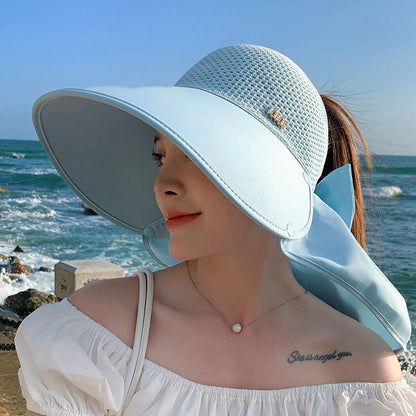 🌞2025 Été Nouveauté👒Chapeau de protection solaire creux à large bord avec châle amovible