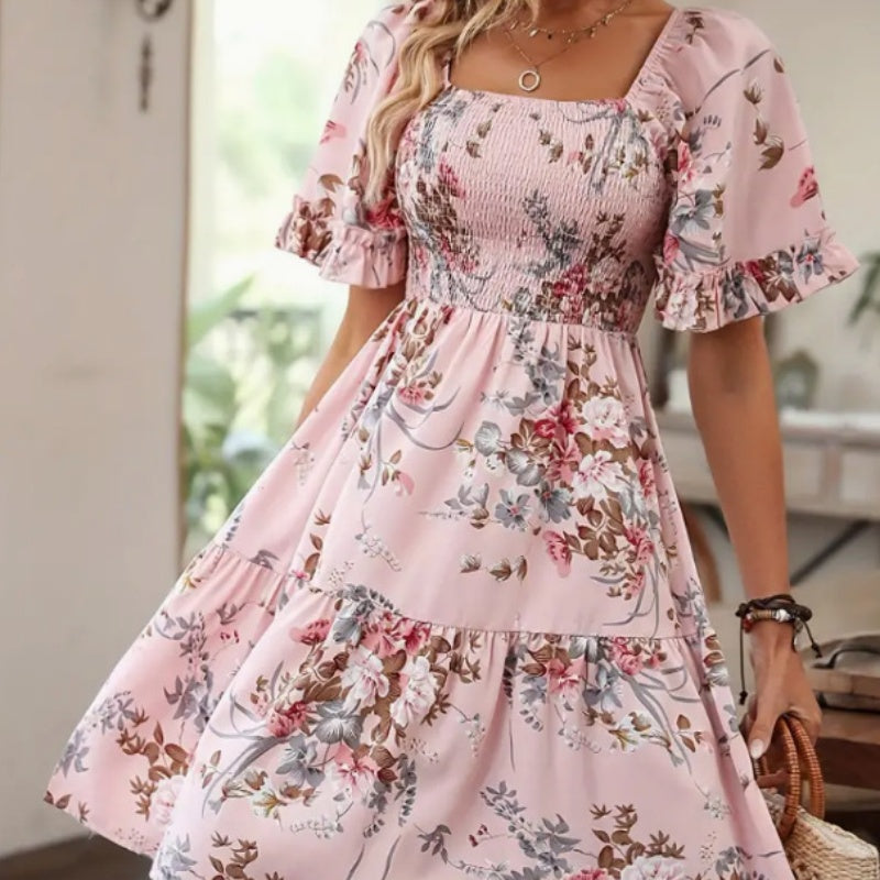Robe smockée à imprimé floral et encolure carrée pour femme