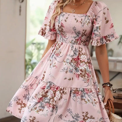 Robe smockée à imprimé floral et encolure carrée pour femme