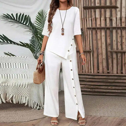 💃✨👕 PROMO -50% ! Ensemble Deux Pièces pour Femme – Top Ourlet Asymétrique & Pantalon Large, Look Moderne & Confortable (Blanc/Noir/Vert, S-4XL)