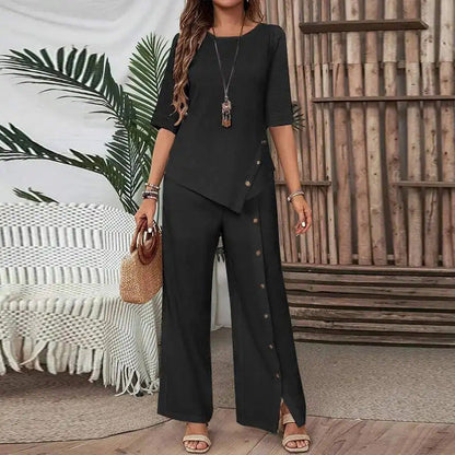 💃✨👕 PROMO -50% ! Ensemble Deux Pièces pour Femme – Top Ourlet Asymétrique & Pantalon Large, Look Moderne & Confortable (Blanc/Noir/Vert, S-4XL)