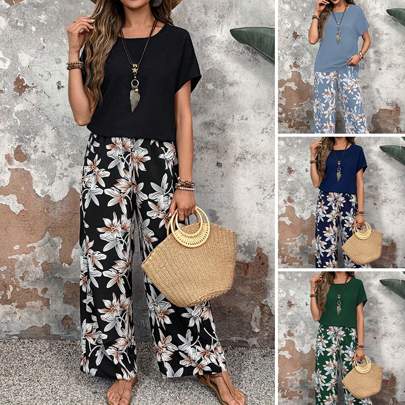 🏆SOLDES 50 % DE RÉDUCTION 🔥 Ensemble pour femme composé d'un pantalon large à imprimé floral et d'un haut à manches courtes