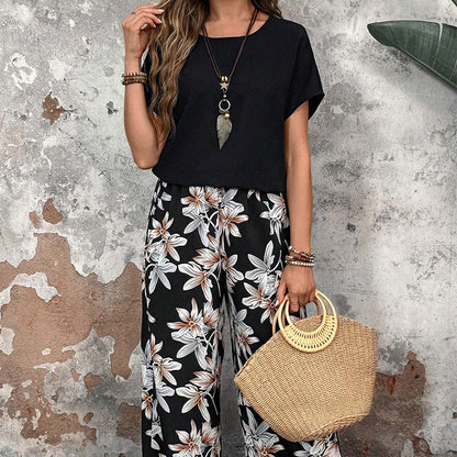 🏆SOLDES 50 % DE RÉDUCTION 🔥 Ensemble pour femme composé d'un pantalon large à imprimé floral et d'un haut à manches courtes