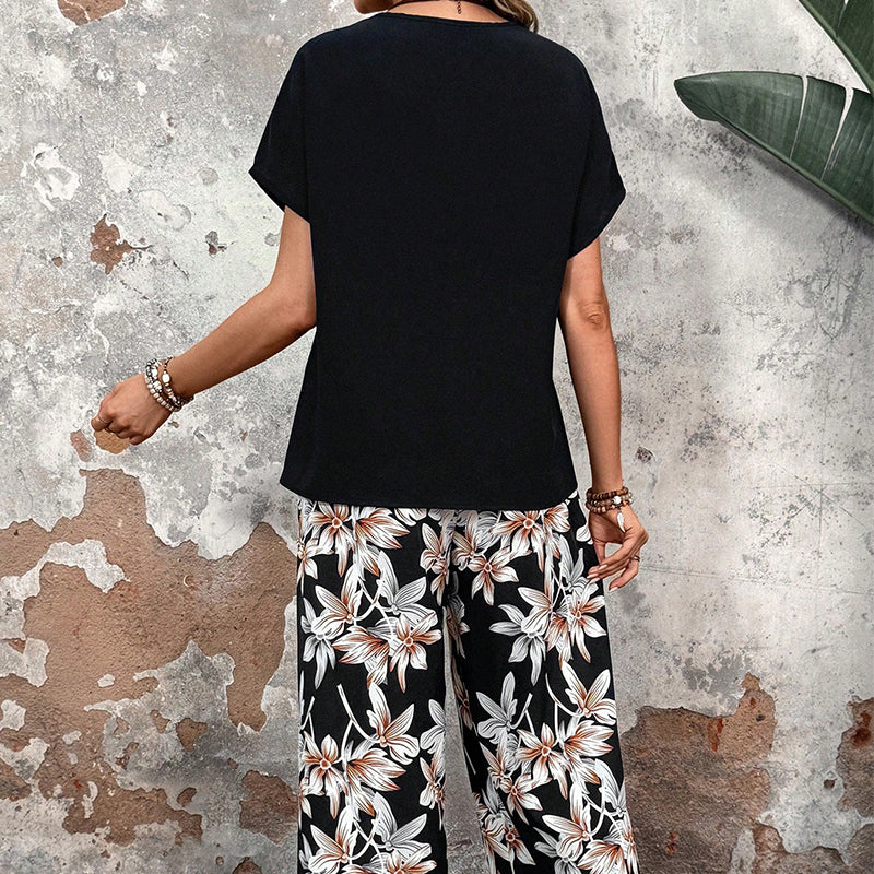 🏆SOLDES 50 % DE RÉDUCTION 🔥 Ensemble pour femme composé d'un pantalon large à imprimé floral et d'un haut à manches courtes